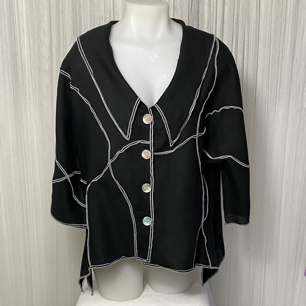 Vtg 90’s 100% Linen Black Button-Up Top with White Stitching! Lagenlook Crunch!